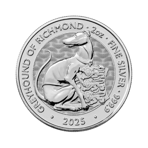 Сребърна монета 2 oz Хрътката от Ричмънд 2025 серия Зверове на Тюдорите