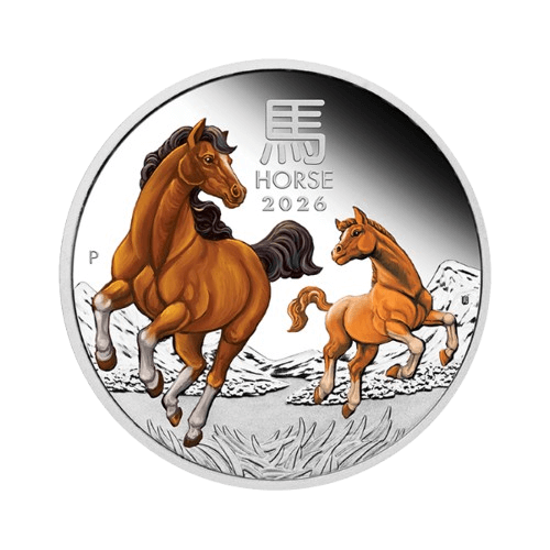 1 унция сребърна монета в опаковка цветен лунар 2026 кон