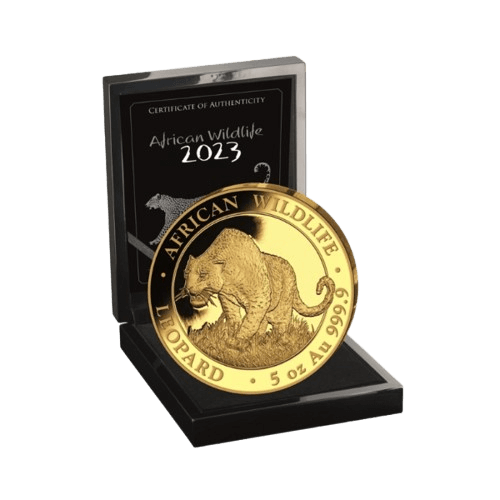 5 унции златна монета в кутия сомалийски слон 2023