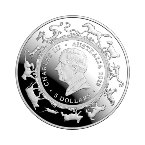 1 унция сребърна монета лунар змия 2025 ram гръб чарлз iii
