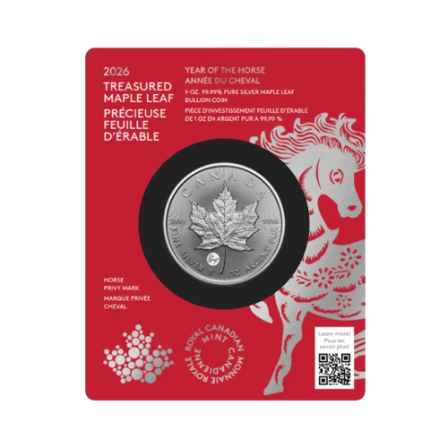 1 oz сребърен кленов лист 2026 година на коня лице