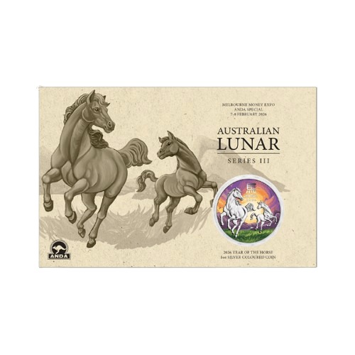 сребърна монета 31.1 грама лунар кон мелбърн експо 2026 картичка