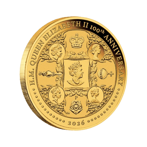 1/4 oz нейно величество елизабет втора златна монета 100-годишнина 2026 лице