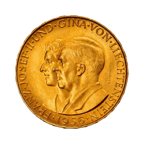 златна монета 5.65 грама 25 франка лихтенщайн франц йосиф втори и принцеса джина 1956