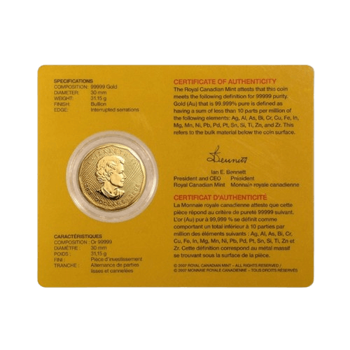 1 унция 99999 златна монета канадски кленов лист 2008
