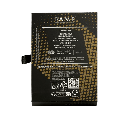 5 грама златна монета pamp fender telecaster годишнина 2026 опаковка гръб