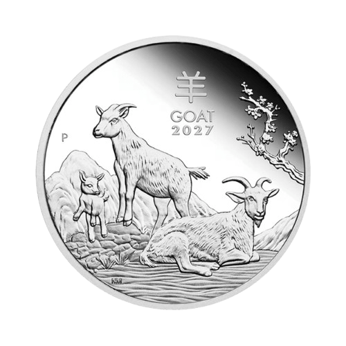 1 унция сребърна монета лунар козел 2027 proof perth mint лице от трио 3х1