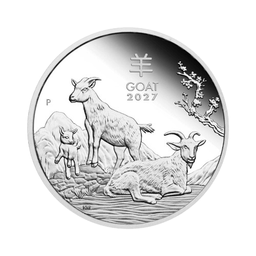 31.1 грама сребърна монета лунар козел 2027 perth mint лице