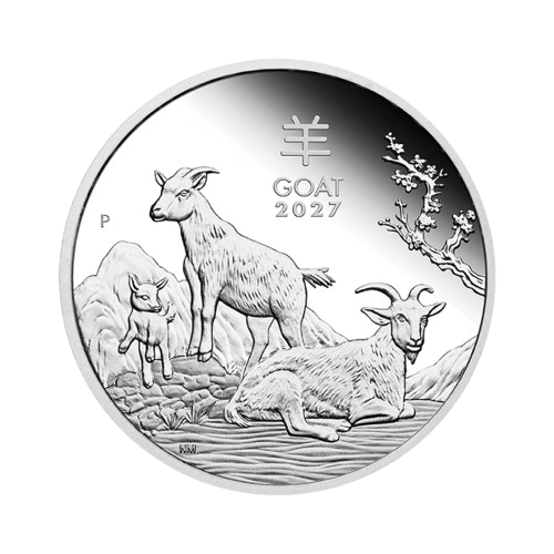 1/2 унция сребърна монета лунар козел 2027 perth mint лице