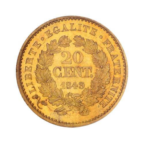 6.75 грама златна монета 20 сантима 1849 maz 1229 essai pf 65 гръб