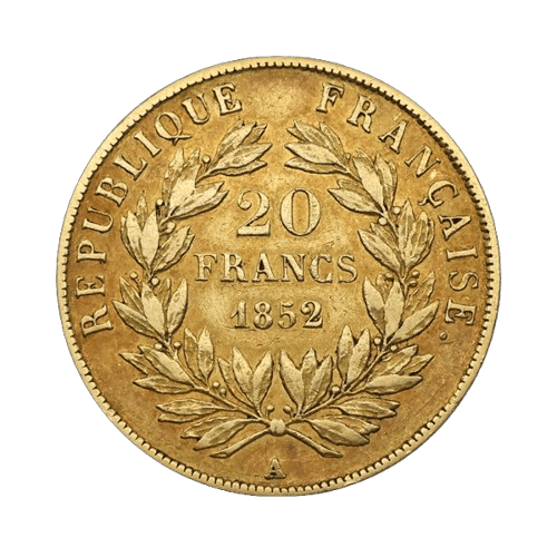 20 златни Франка 6.45 грама Луи-Наполеон Бонапарт 1852 А гръб