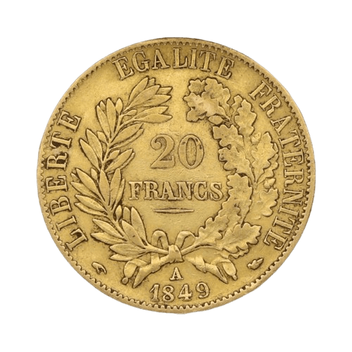 6.45 грама златна монета 20 френски франка серес 1849 година