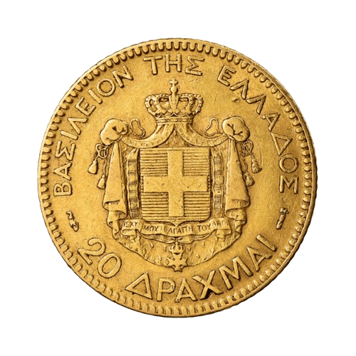 златна монета 6.45 грама 20 гръцки драхми джордж i 1884 а